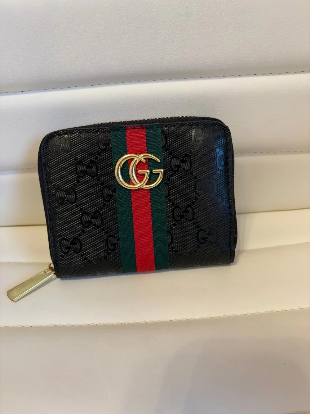 Black GG Supreme Zip Wallet with Web Stripe